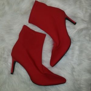 RED NYLON SOCK BOOTIE STILLETOS